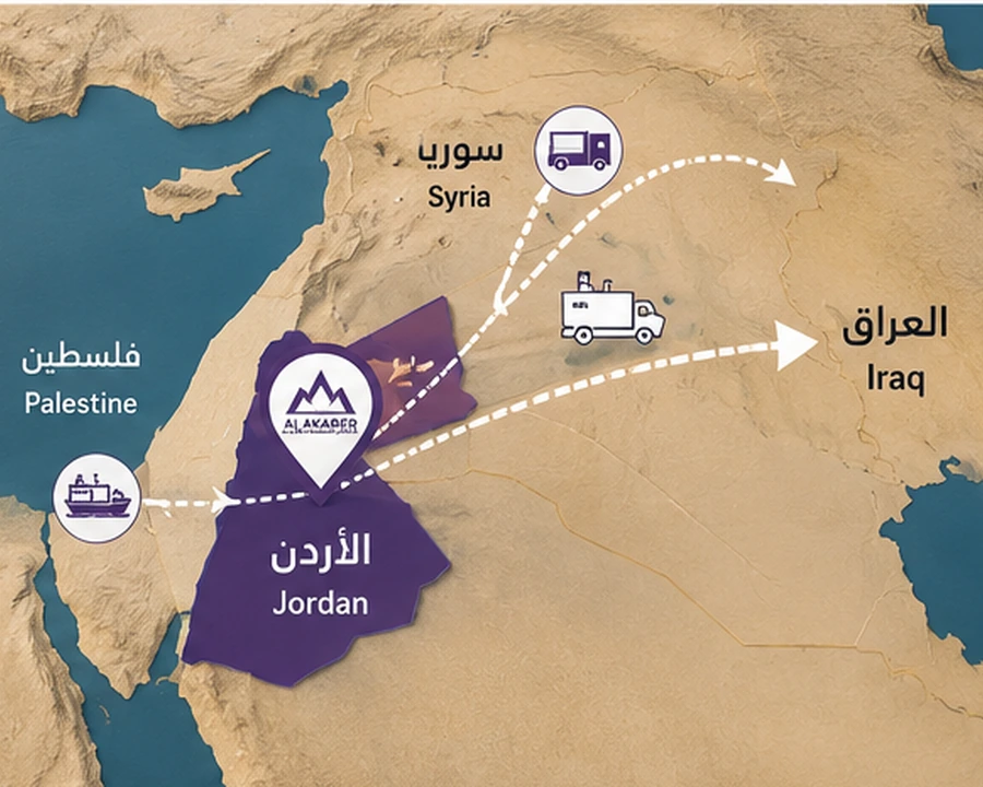 خريطة توضح مسار التصدير من الأردن إلى العراق وسوريا وفلسطين